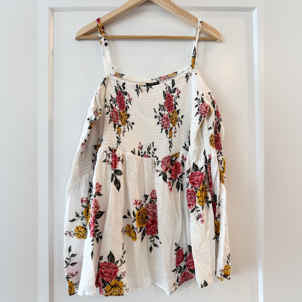 Torrid White Smocked Top with Floral Accents